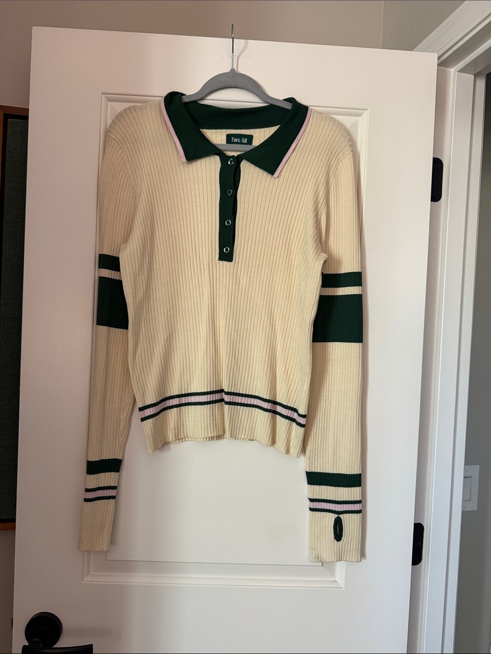 Fore All Cream Ribbed V‑Neck Polo Sweater with Green & Pink Trim